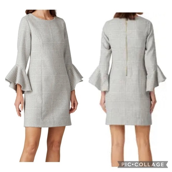 SAIL TO SABLE Women’s Gray Ivory Plaid Bell Sleeve Wool Blend Dress Lined Sz 14 - Picture 1 of 8
